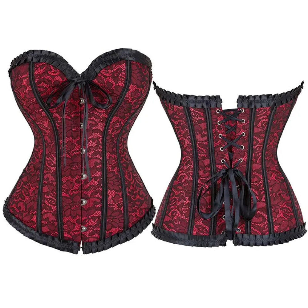 Vintage Floral Lace Up Overbust Corset For Mature Women Sizes Xs-6Xl - Red - L