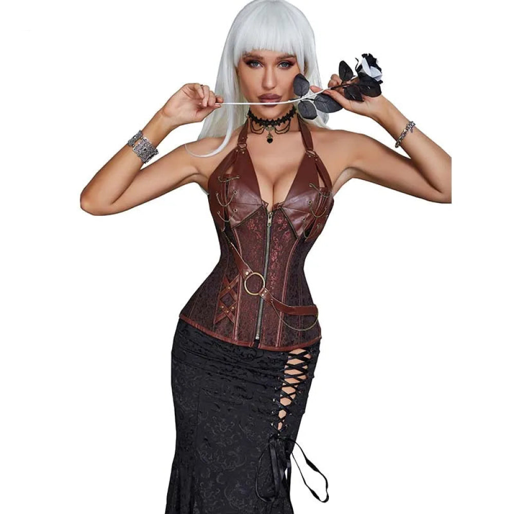 Deep V Halter Chest Binder Bustier Black Brown Steampunk Gothic Corset Plus Size With Zip - Brown - 4Xl
