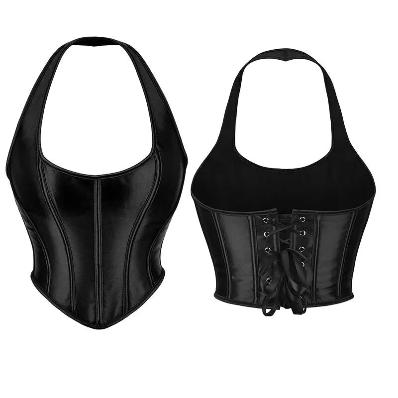 Black Gothic Corset Top Plus Size Slimming Bustier With Halter-Strap And Satin Material - L