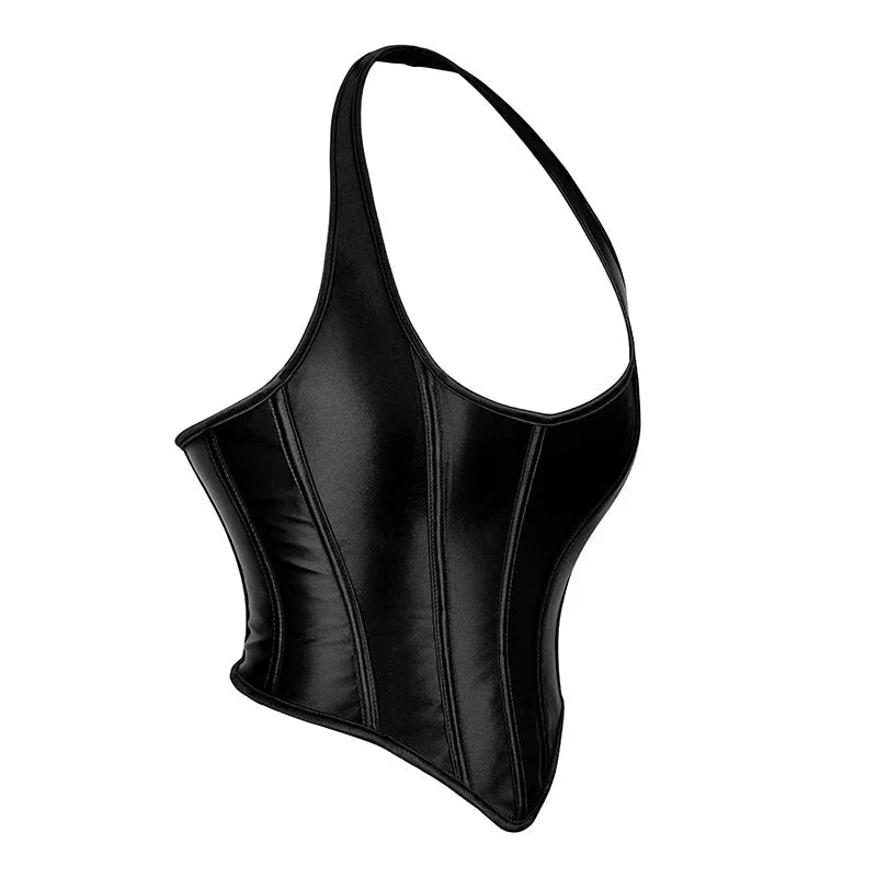 Black Gothic Corset Top Plus Size Slimming Bustier With Halter-Strap And Satin Material - L