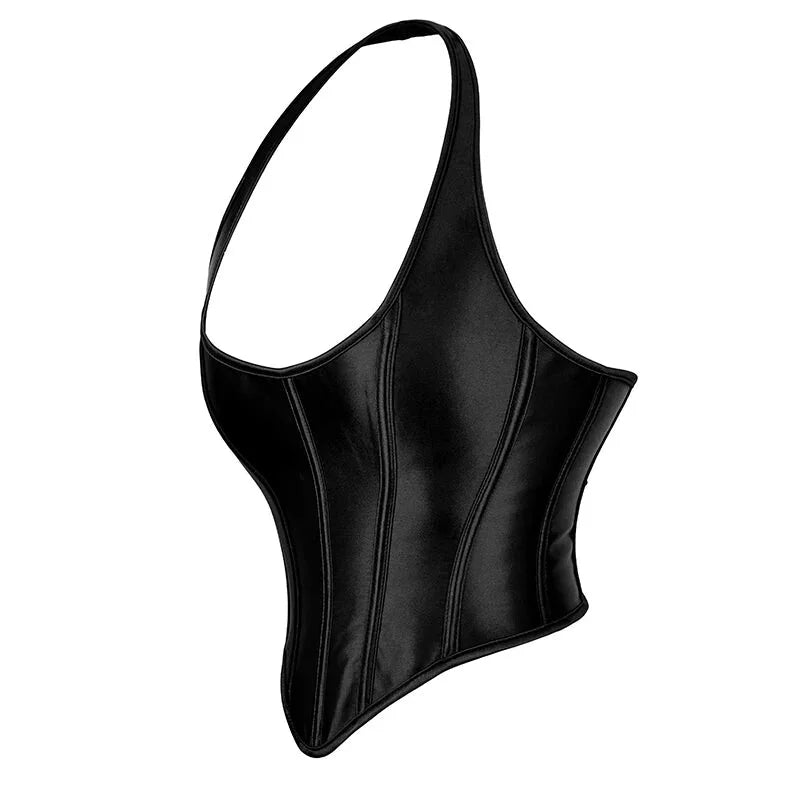 Black Gothic Corset Top Plus Size Slimming Bustier With Halter-Strap And Satin Material - L