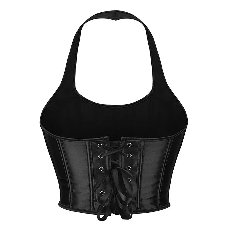 Black Gothic Corset Top Plus Size Slimming Bustier With Halter-Strap And Satin Material - L