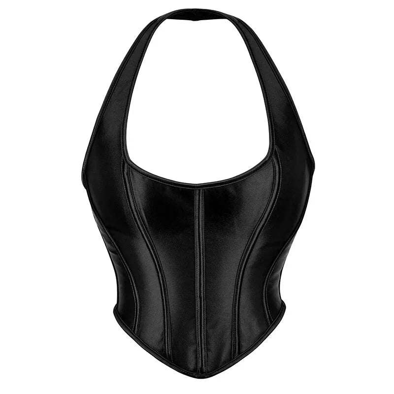 Black Gothic Corset Top Plus Size Slimming Bustier With Halter-Strap And Satin Material - Xl