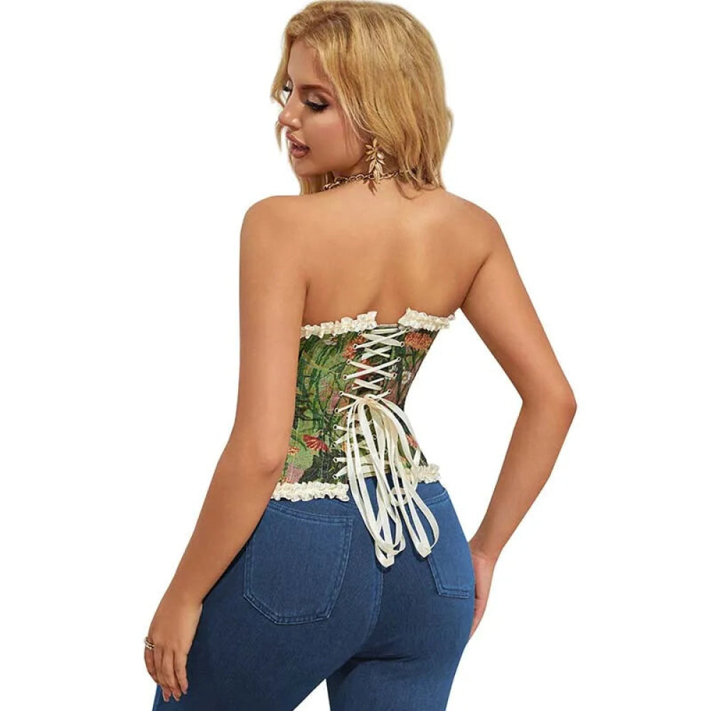 Green Floral Print Boned Corset Front Busk Closure Bowknot Bandage Victorian Style - Xl