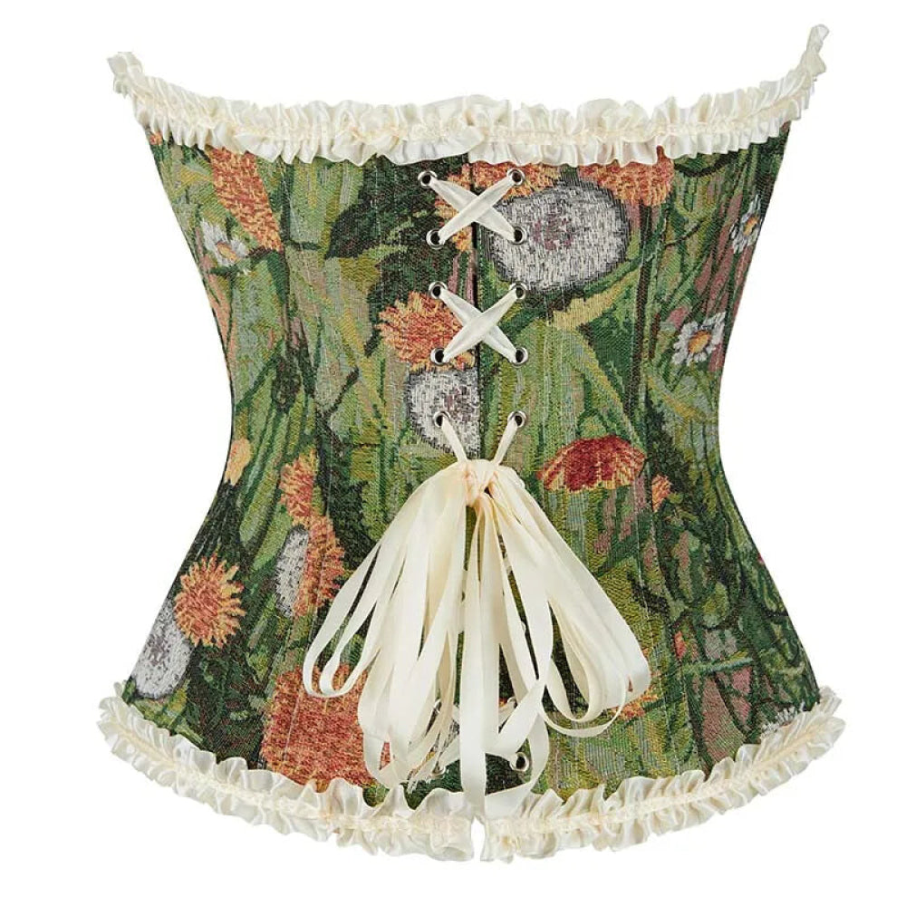 Green Floral Print Boned Corset Front Busk Closure Bowknot Bandage Victorian Style - Xl