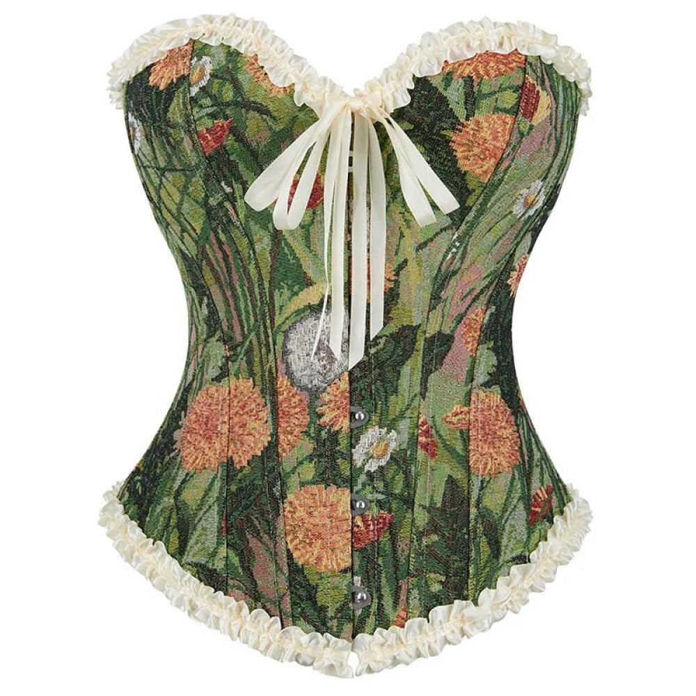 Green Floral Print Boned Corset Front Busk Closure Bowknot Bandage Victorian Style - Xl