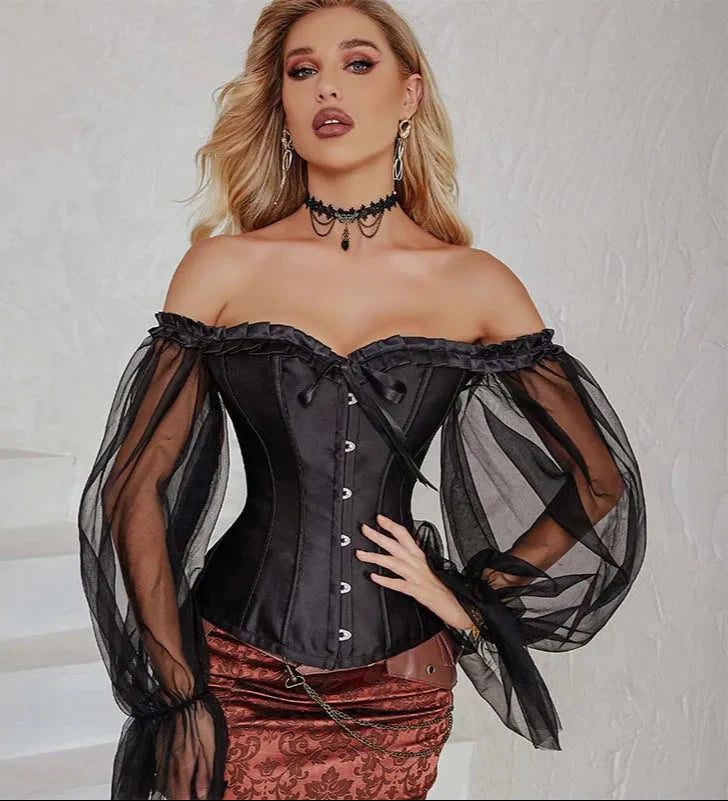 Ruffled Gothic Corselet Top With Puff Sleeves And Lace-Up Boning Transparent Satin Overbust Corset For Women - S