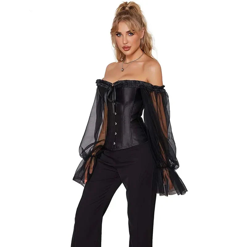 Ruffled Gothic Corselet Top With Puff Sleeves And Lace-Up Boning Transparent Satin Overbust Corset For Women - S