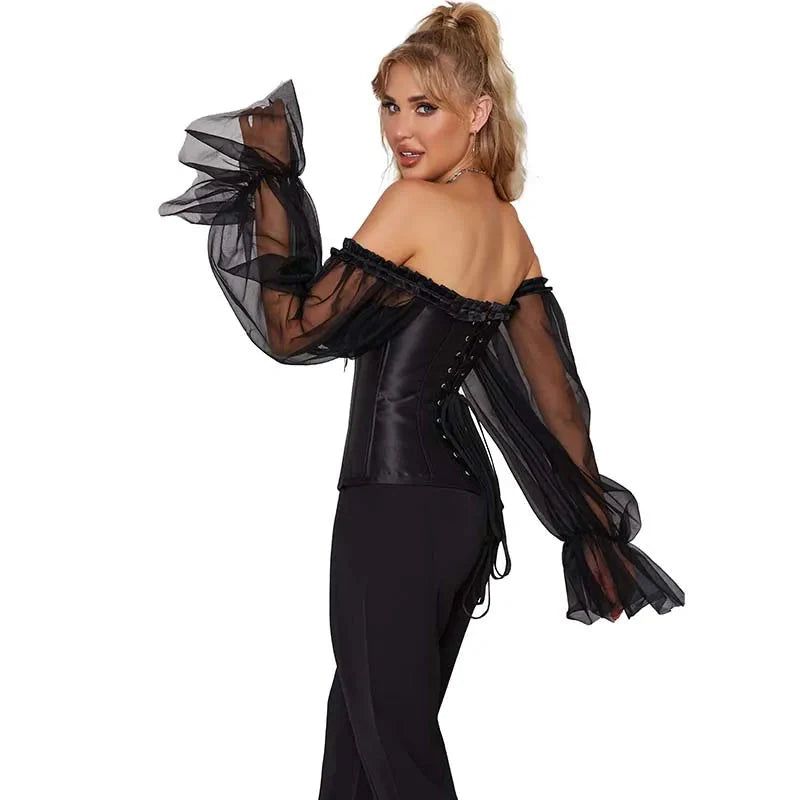 Ruffled Gothic Corselet Top With Puff Sleeves And Lace-Up Boning Transparent Satin Overbust Corset For Women - S