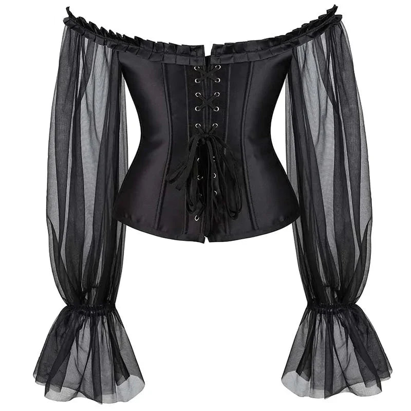Ruffled Gothic Corselet Top With Puff Sleeves And Lace-Up Boning Transparent Satin Overbust Corset For Women - S
