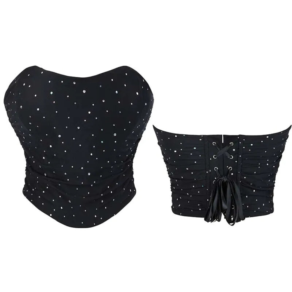 Black Ruched Hem Corset Crop Top For Plus Size Women Back Lace Tight Fit Sequined Detailing S-Xxl - L