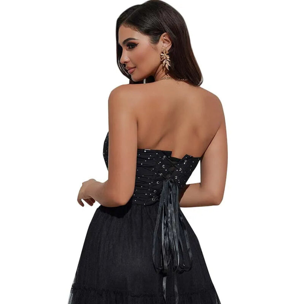 Black Ruched Hem Corset Crop Top For Plus Size Women Back Lace Tight Fit Sequined Detailing S-Xxl - L