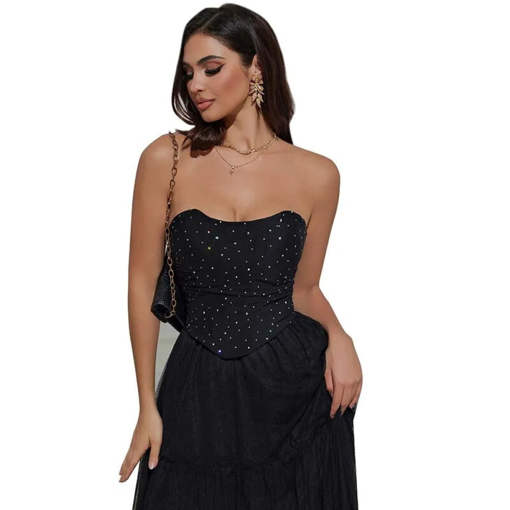Black Ruched Hem Corset Crop Top For Plus Size Women Back Lace Tight Fit Sequined Detailing S-Xxl - L