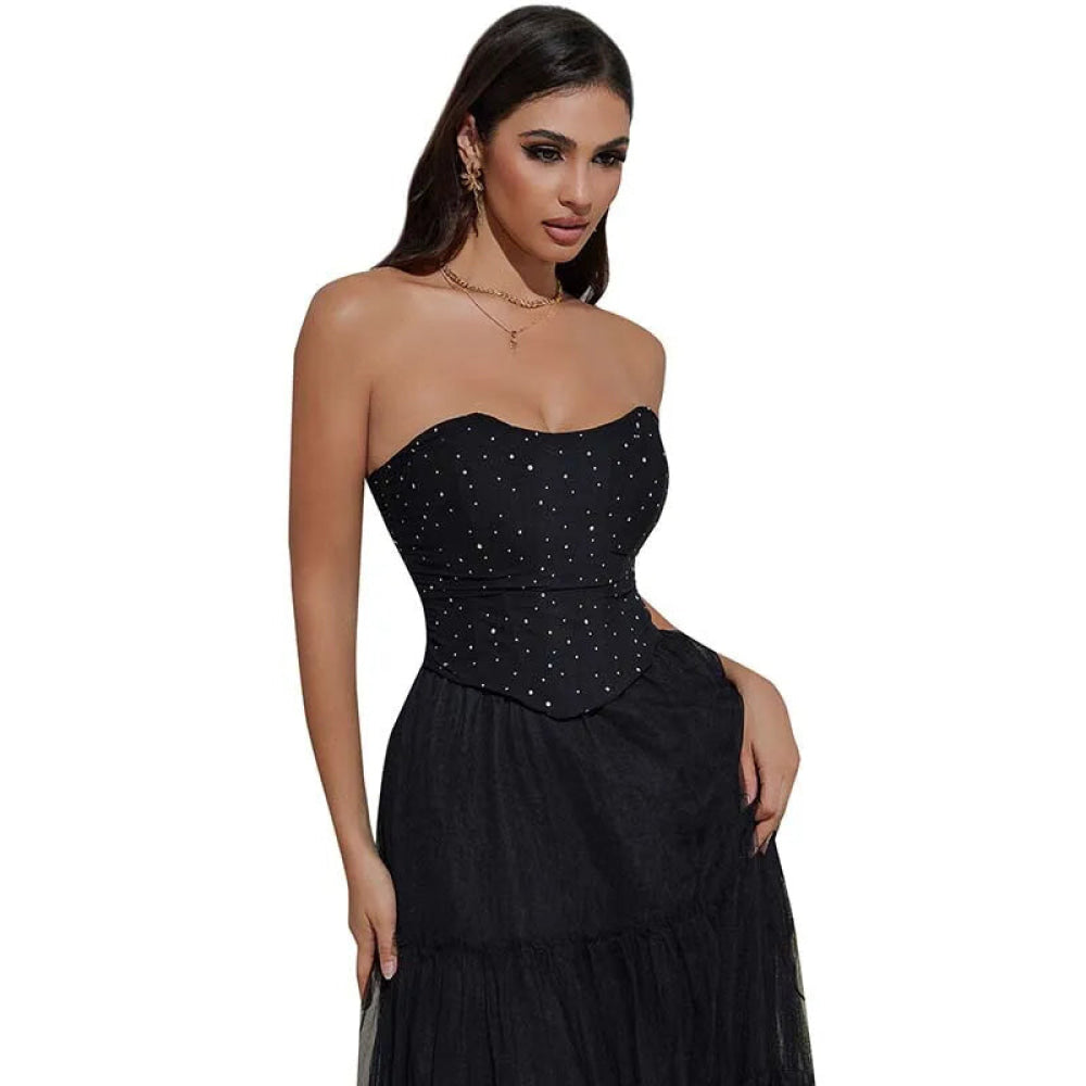 Black Ruched Hem Corset Crop Top For Plus Size Women Back Lace Tight Fit Sequined Detailing S-Xxl - L
