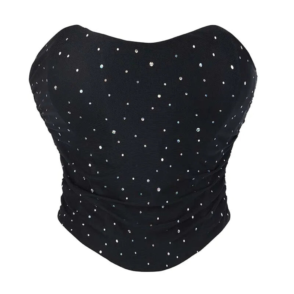 Black Ruched Hem Corset Crop Top For Plus Size Women Back Lace Tight Fit Sequined Detailing S-Xxl - L