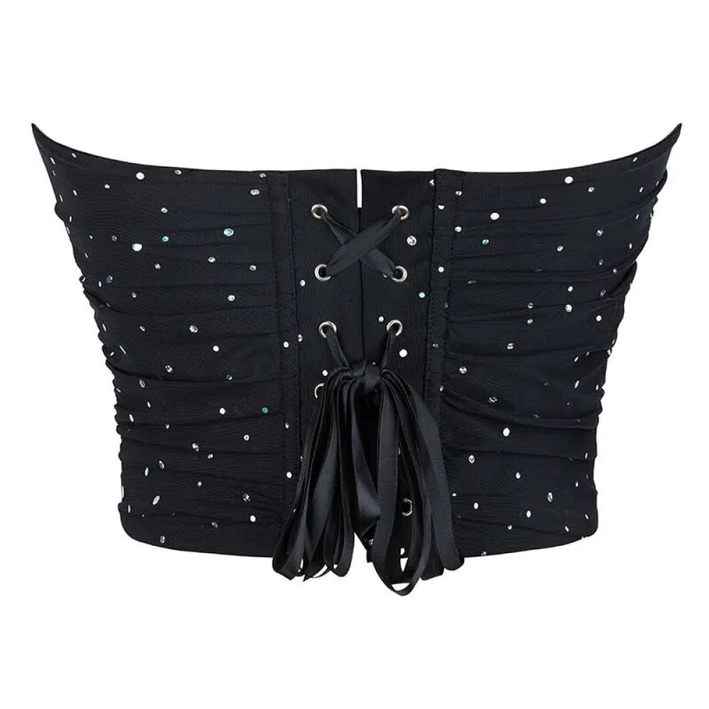 Black Ruched Hem Corset Crop Top For Plus Size Women Back Lace Tight Fit Sequined Detailing S-Xxl - L