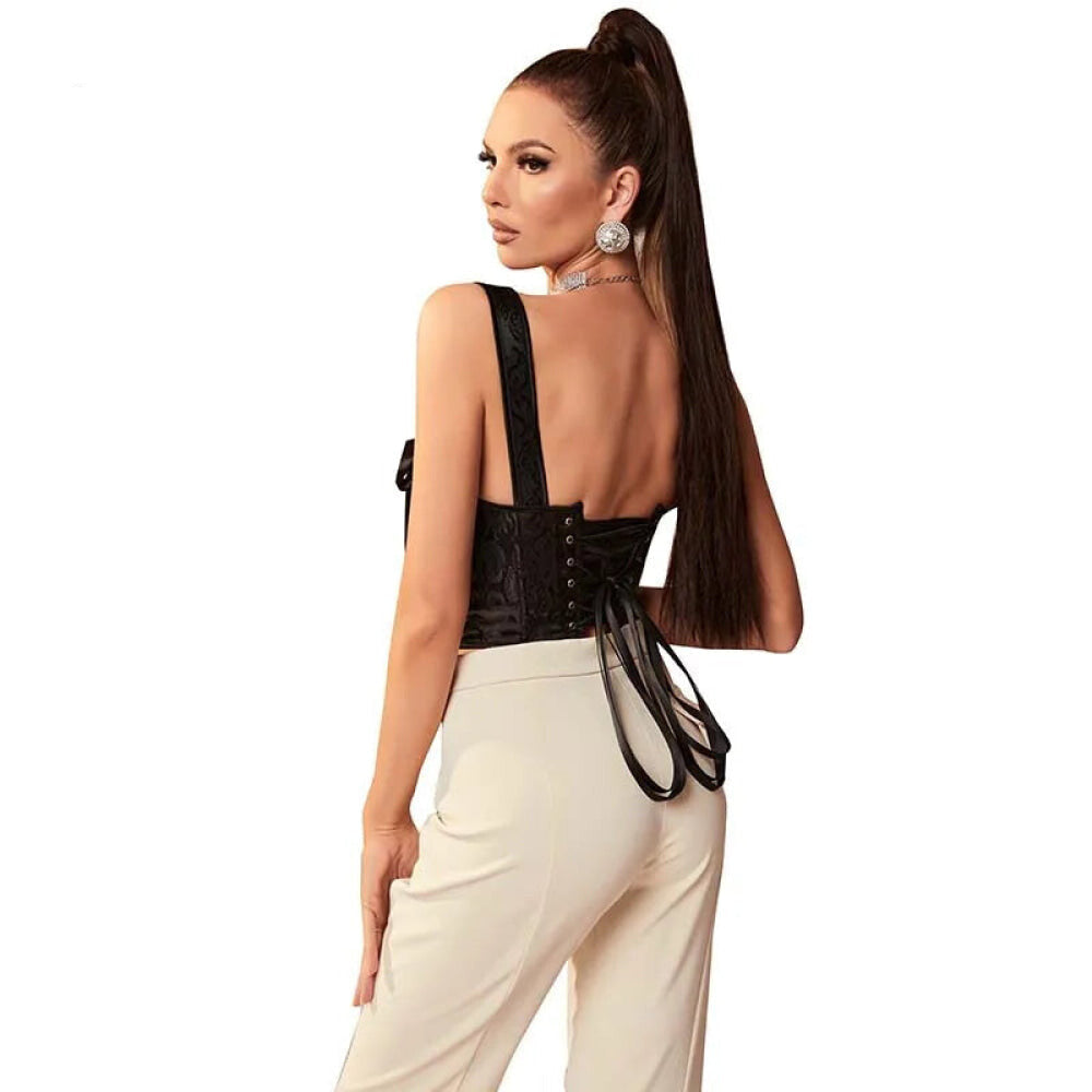 Floral Lace-Up Gothic Crop Top Sleeveless Boned Corset With Strap - M