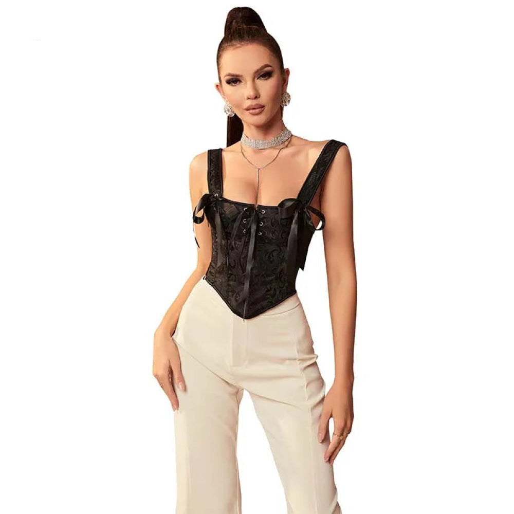Floral Lace-Up Gothic Crop Top Sleeveless Boned Corset With Strap - M
