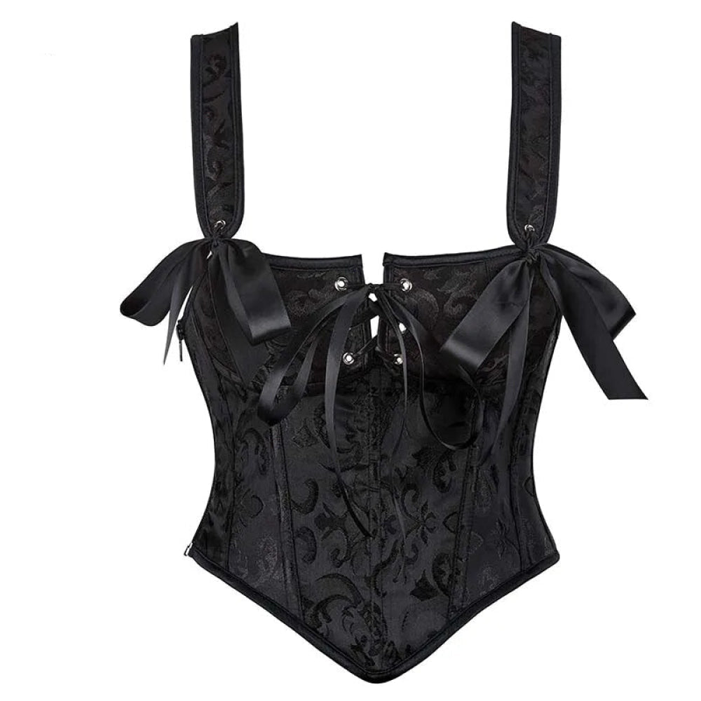 Floral Lace-Up Gothic Crop Top Sleeveless Boned Corset With Strap - M