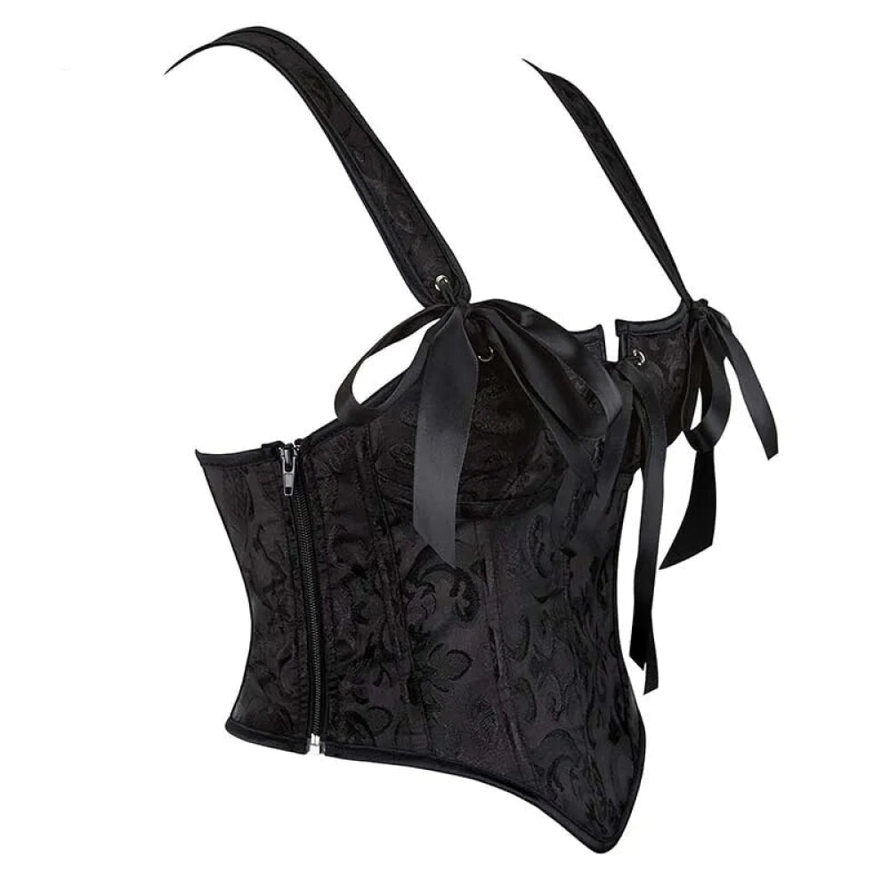 Floral Lace-Up Gothic Crop Top Sleeveless Boned Corset With Strap - M