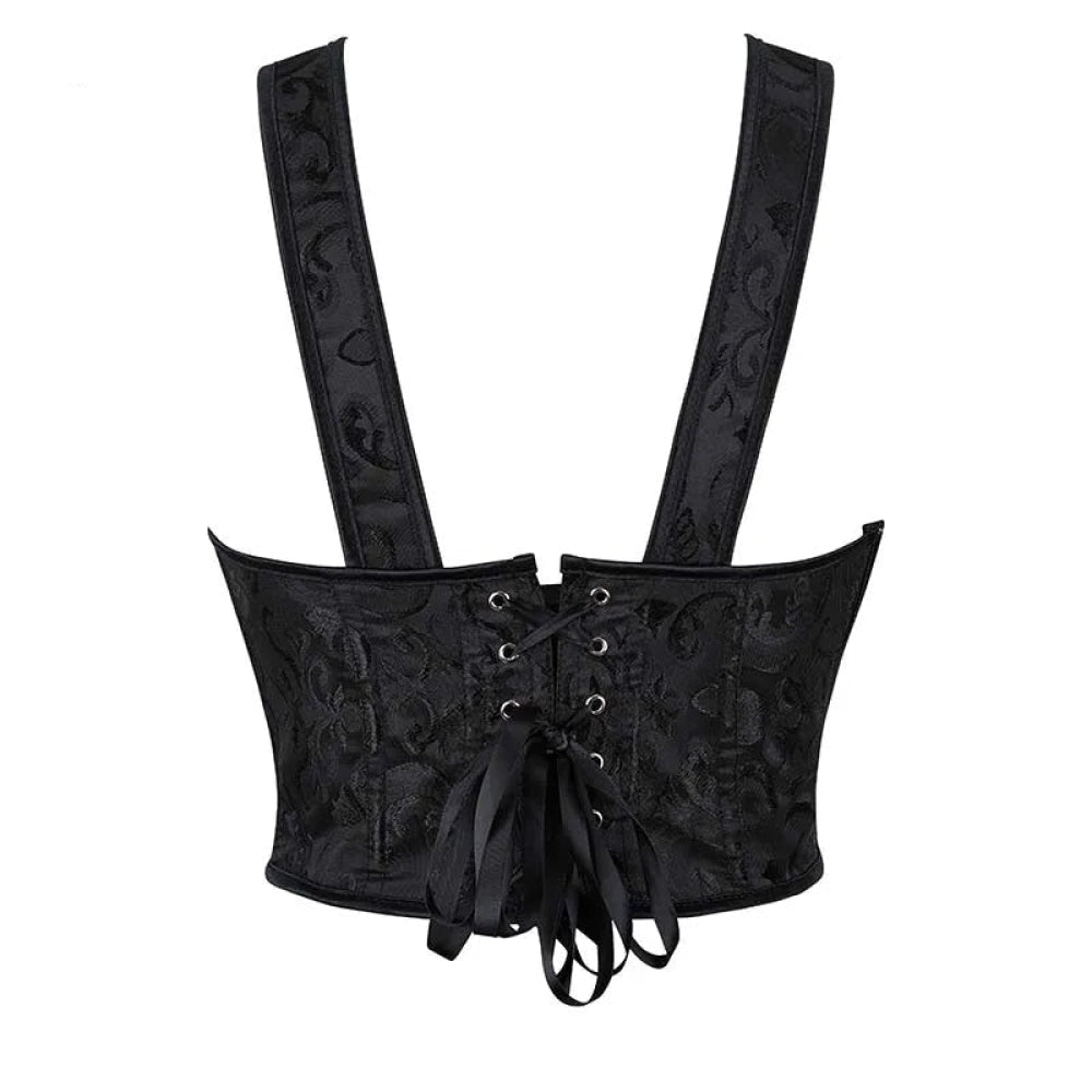 Floral Lace-Up Gothic Crop Top Sleeveless Boned Corset With Strap - M