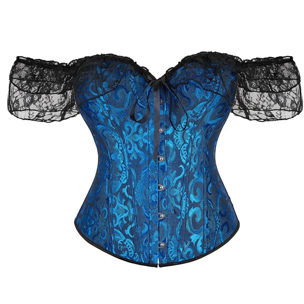 Brown Steampunk Corset With Front Busk Closure Floral Lace And Puff Sleeves - Dark Blue - 6Xl