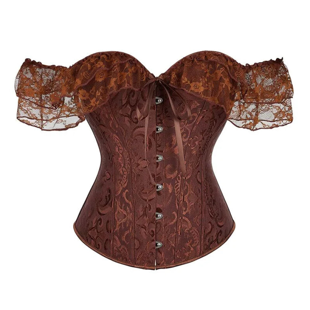 Brown Steampunk Corset With Front Busk Closure Floral Lace And Puff Sleeves - Dark Blue - 6Xl