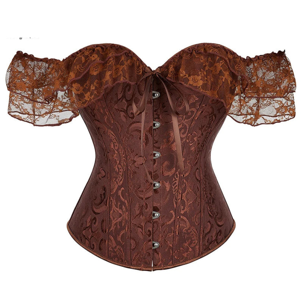 Brown Steampunk Corset With Front Busk Closure Floral Lace And Puff Sleeves - Dark Blue - 6Xl