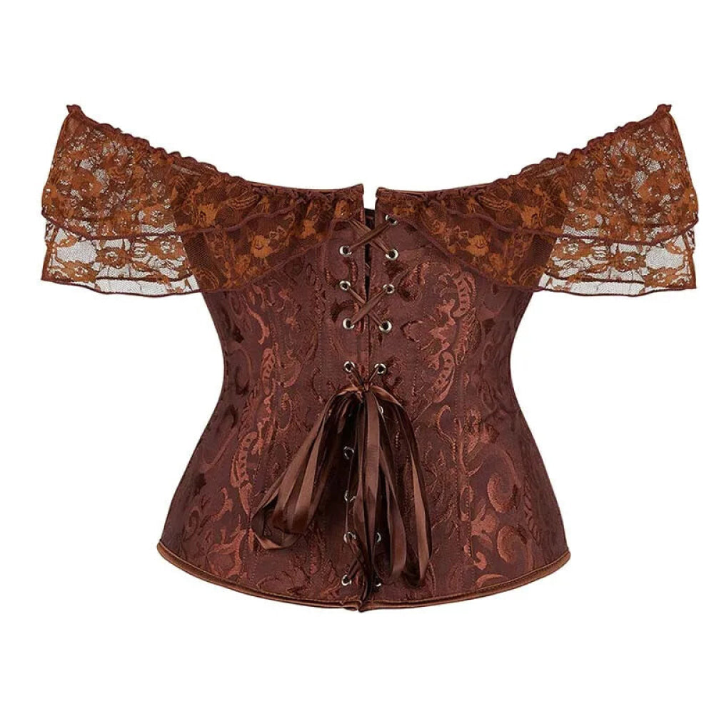 Brown Steampunk Corset With Front Busk Closure Floral Lace And Puff Sleeves - Dark Blue - L