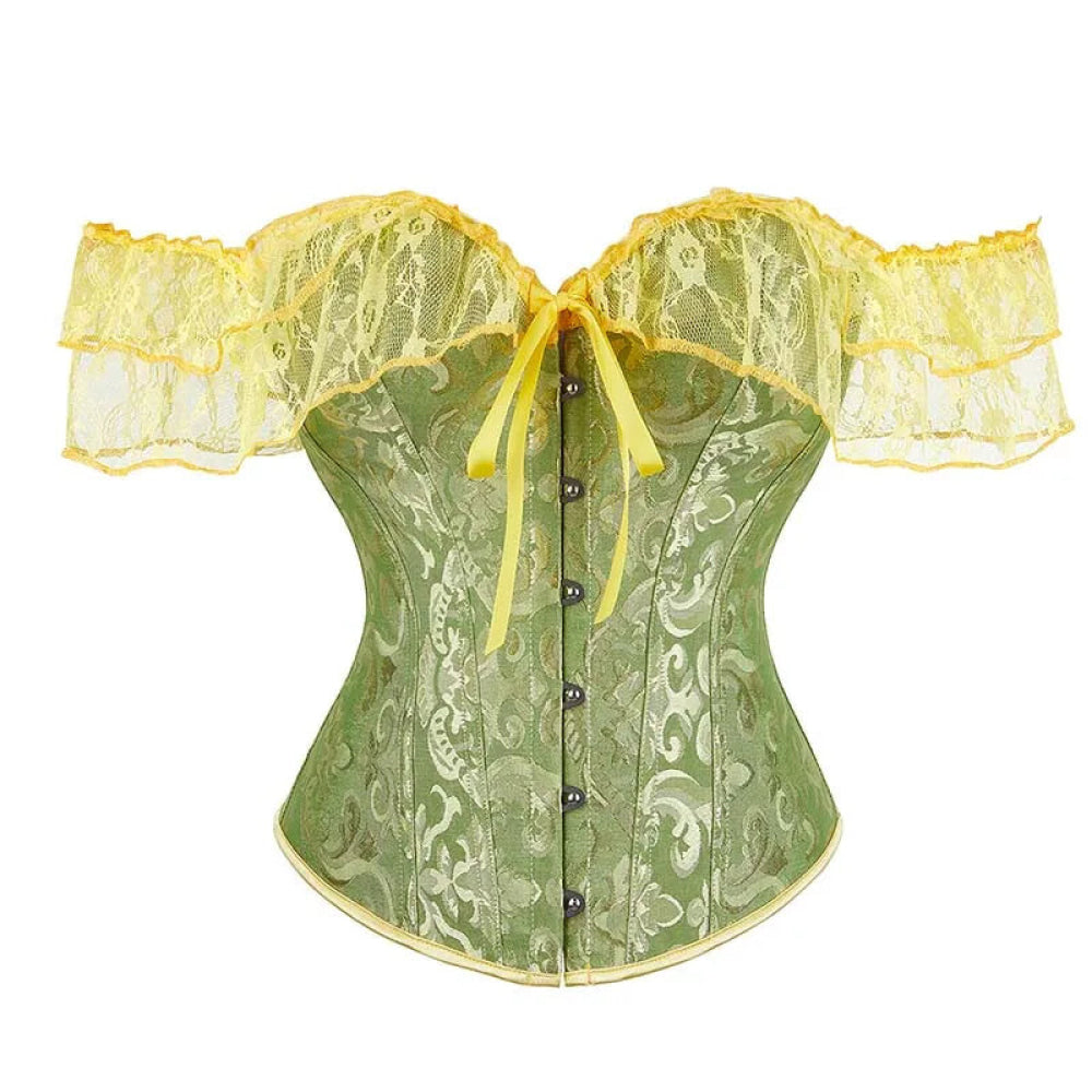Brown Steampunk Corset With Front Busk Closure Floral Lace And Puff Sleeves - Dark Blue - L