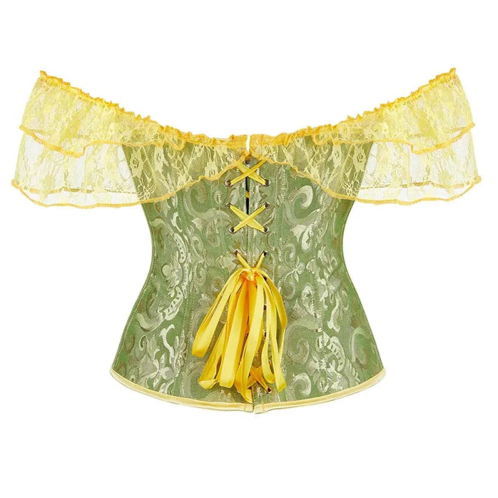 Brown Steampunk Corset With Front Busk Closure Floral Lace And Puff Sleeves - Dark Blue - L