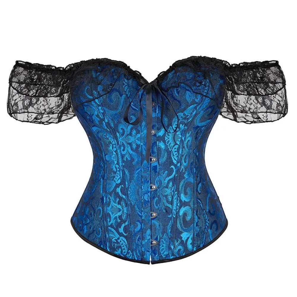 Brown Steampunk Corset With Front Busk Closure Floral Lace And Puff Sleeves - Dark Blue - L