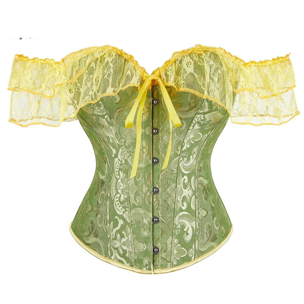 Brown Steampunk Corset With Front Busk Closure Floral Lace And Puff Sleeves - Dark Blue - L