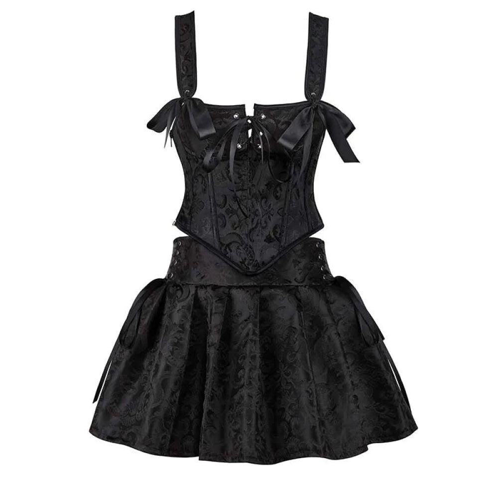 Floral Jacquard Lace-Up Boned Corset Dress With Fishbone Support And Gothic Crop Top Skirt Set - S