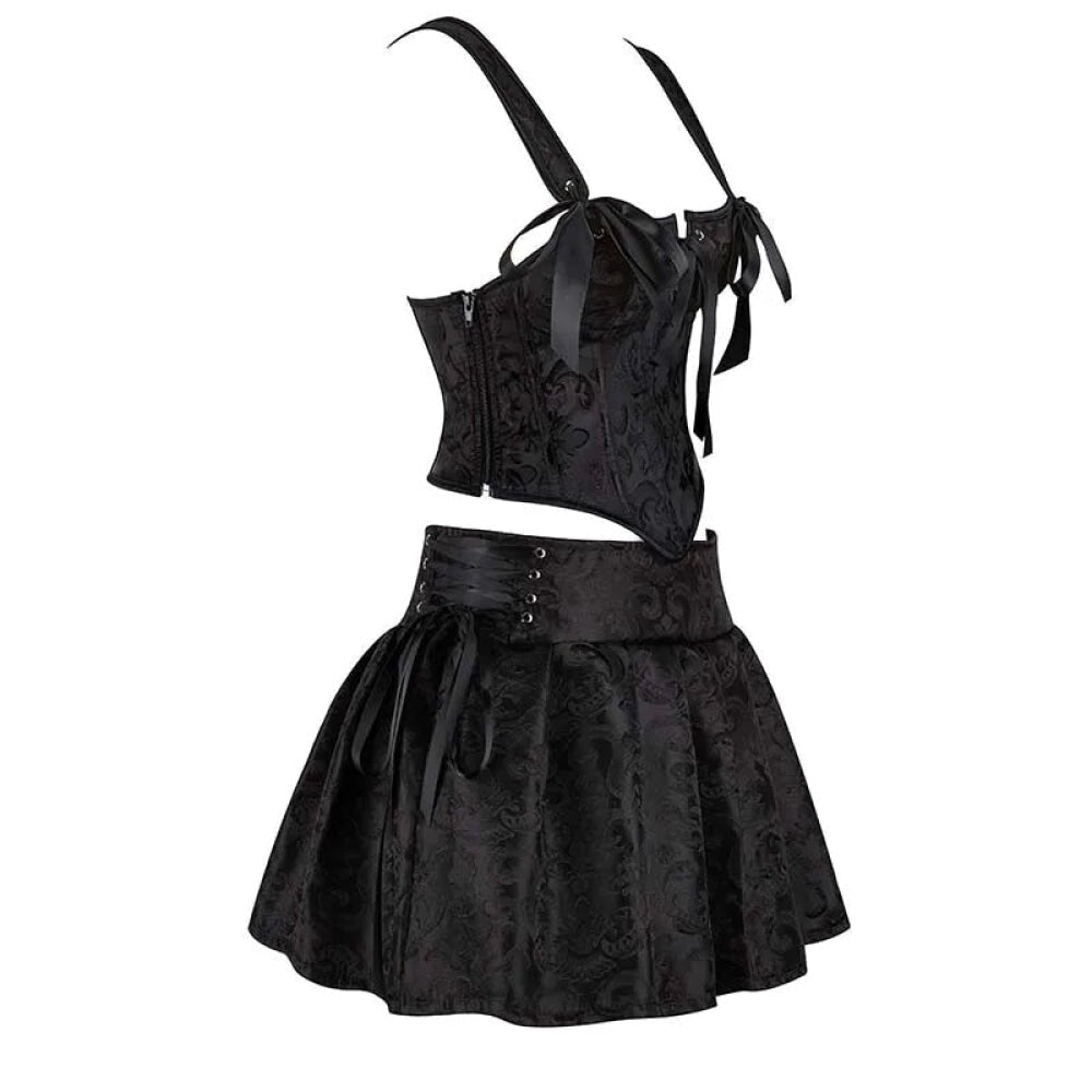 Floral Jacquard Lace-Up Boned Corset Dress With Fishbone Support And Gothic Crop Top Skirt Set - S