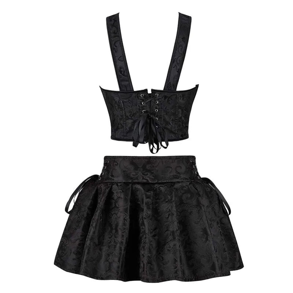 Floral Jacquard Lace-Up Boned Corset Dress With Fishbone Support And Gothic Crop Top Skirt Set - S