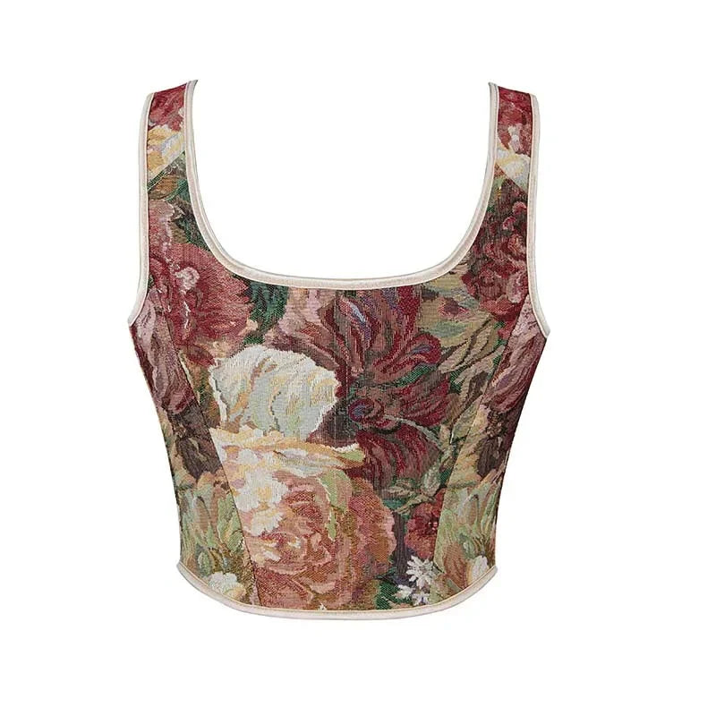 Floral Print Bowknot Tie Strap Sleeveless Vest Corset Bustier Plus Size S-Xxl - Xxl