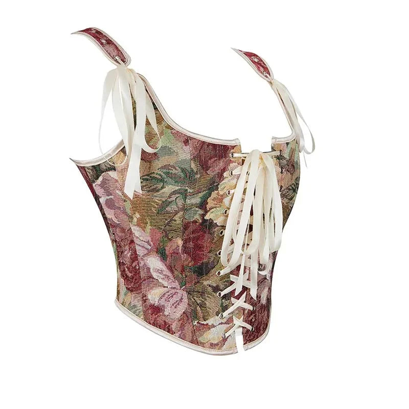 Floral Print Bowknot Tie Strap Sleeveless Vest Corset Bustier Plus Size S-Xxl - Xxl