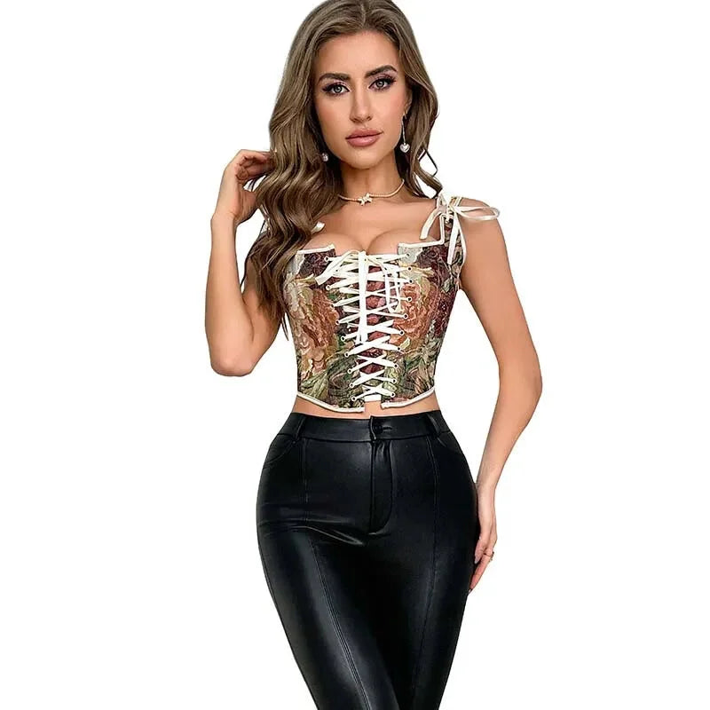 Floral Print Bowknot Tie Strap Sleeveless Vest Corset Bustier Plus Size S-Xxl - Xxl