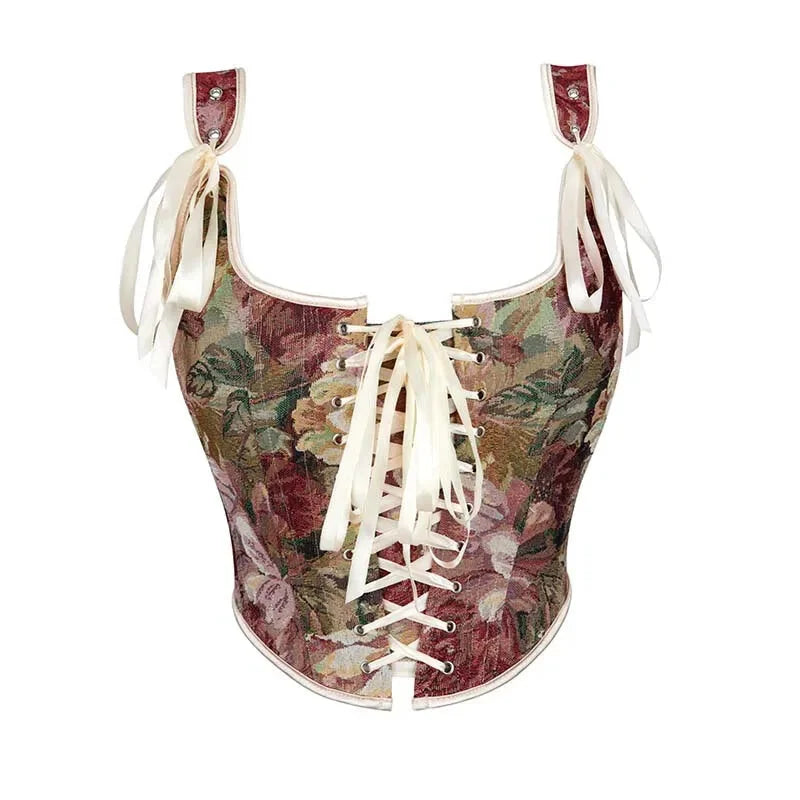 Floral Print Bowknot Tie Strap Sleeveless Vest Corset Bustier Plus Size S-Xxl - Xl