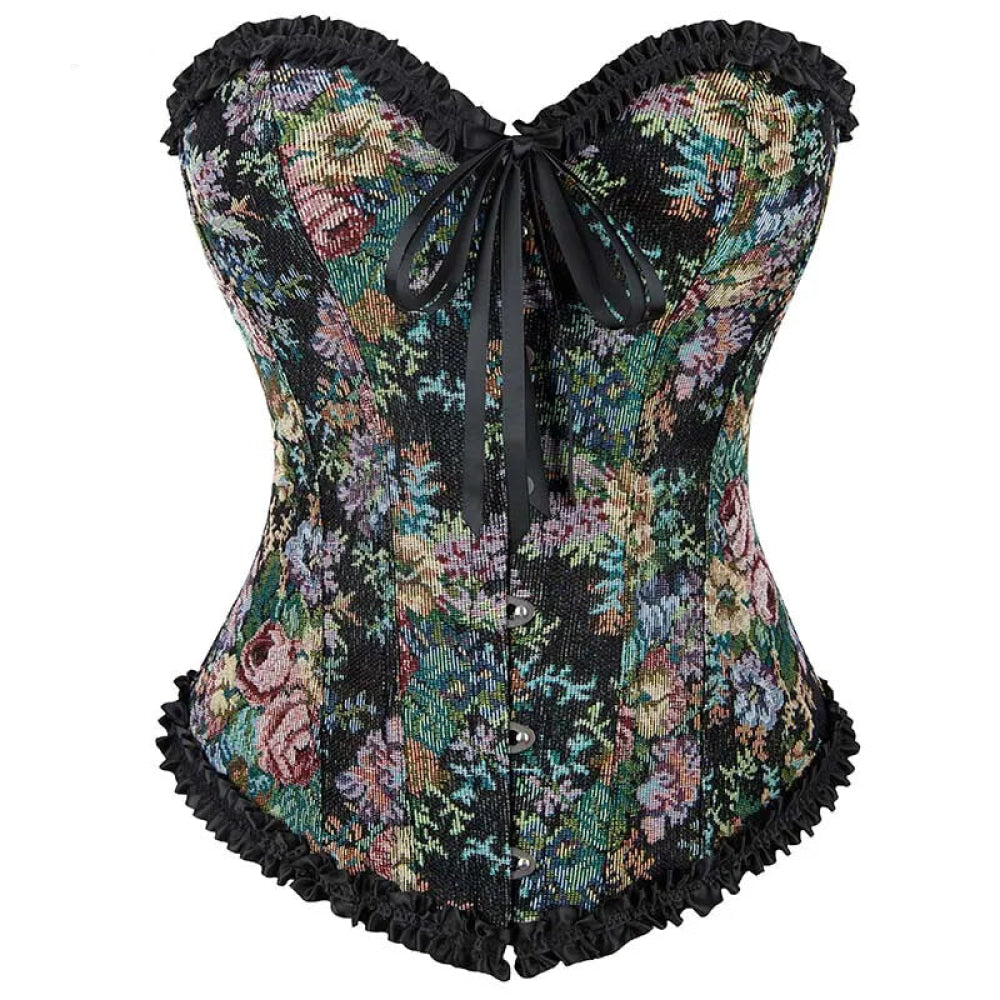 Rose Print Denim Jeans Corset Black Plus Size Burlesque Renaissance Vintage - Xs