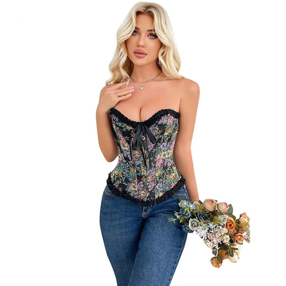 Rose Print Denim Jeans Corset Black Plus Size Burlesque Renaissance Vintage - M