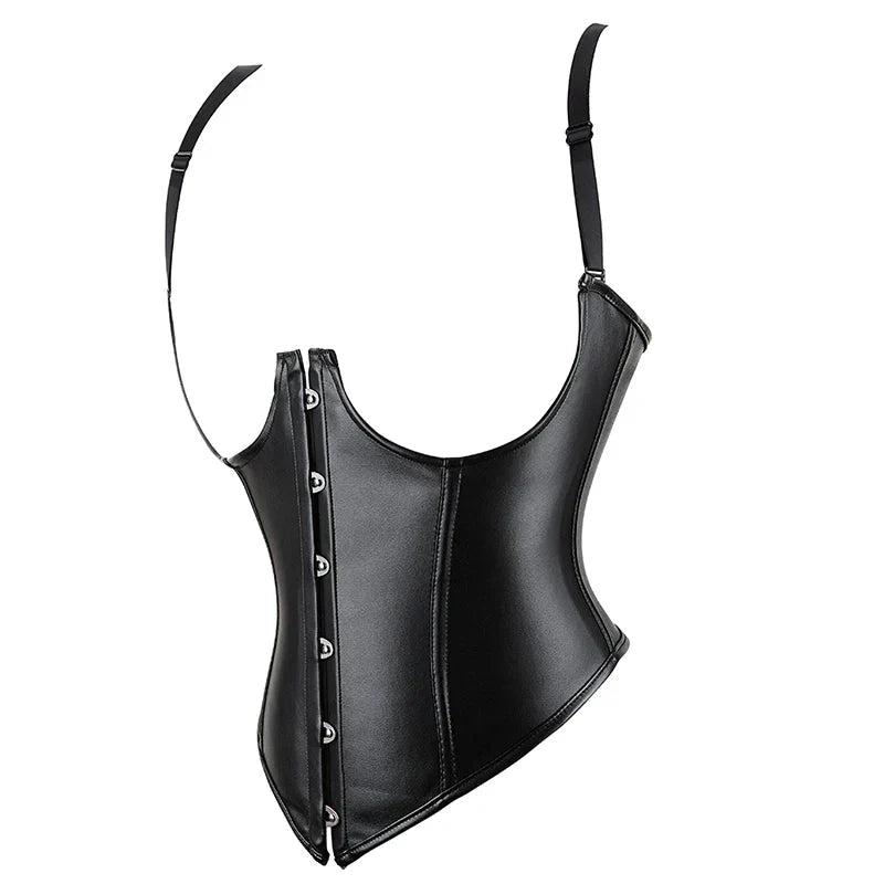 Plus Size Black Leather Corset Waist Trainer Vest With Strap 10 Plastic Bones S-6Xl - 5Xl