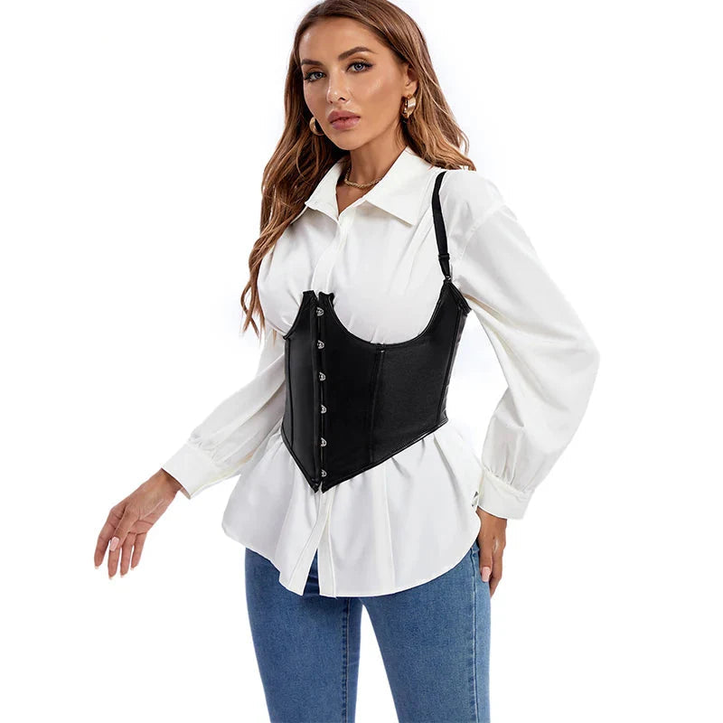 Plus Size Black Leather Corset Waist Trainer Vest With Strap 10 Plastic Bones S-6Xl - 5Xl