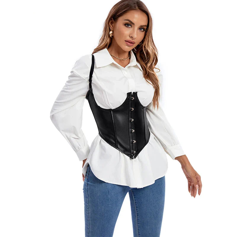 Plus Size Black Leather Corset Waist Trainer Vest With Strap 10 Plastic Bones S-6Xl - 5Xl