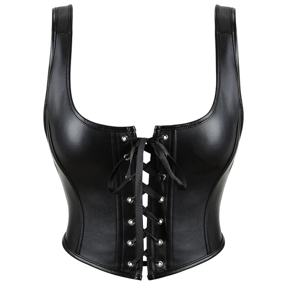 12-Bone Shoulder Strap Corset Crop Top Synthetic Leather Lacing Ribbon Bandaged Design Women - M