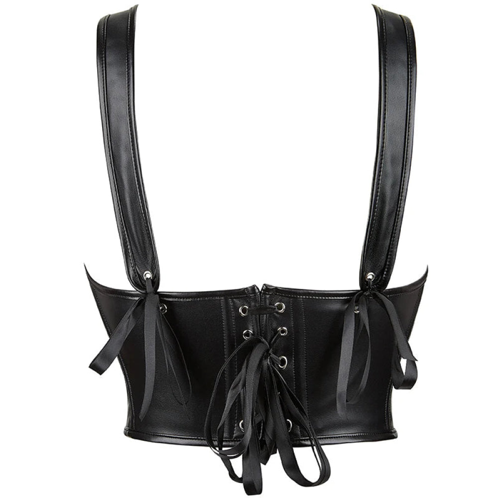 12-Bone Shoulder Strap Corset Crop Top Synthetic Leather Lacing Ribbon Bandaged Design Women - M