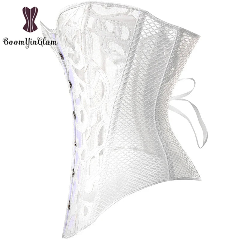 Mesh Net Corset Black White See Through Bustier For Alluring Slimming And Breathability - White - 5Xl