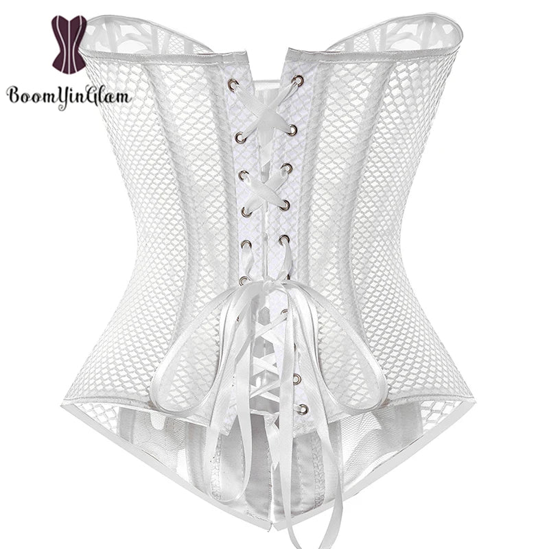 Mesh Net Corset Black White See Through Bustier For Alluring Slimming And Breathability - White - 5Xl