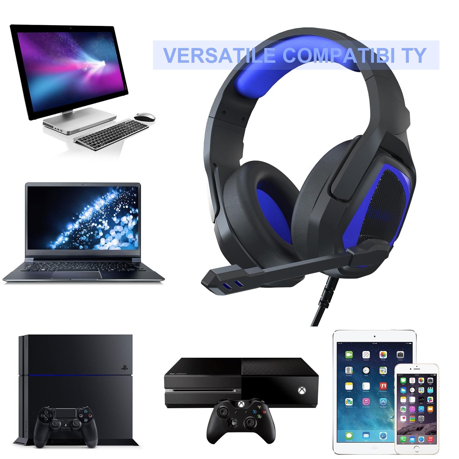 Retractable Mic Gaming Headset 3.5Mm Plug 2.2M Cable - Black Purple
